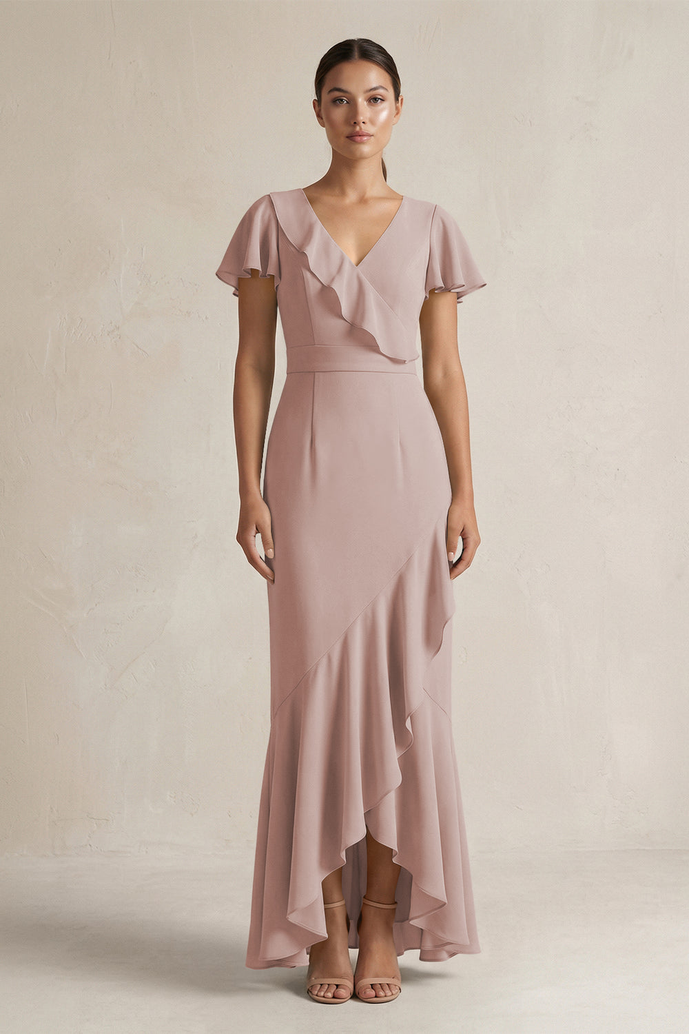 Rufffled V-Neck Sheath Chiffon Bridesmaid Dress in Toffee