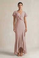 Rufffled V-Neck Sheath Chiffon Bridesmaid Dress in Toffee | KISSBRIDAL