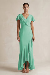 Rufffled V - Neck Sheath Chiffon Bridesmaid Dress in Turquoise - KISS BRIDAL Bridesmaid Dresses
