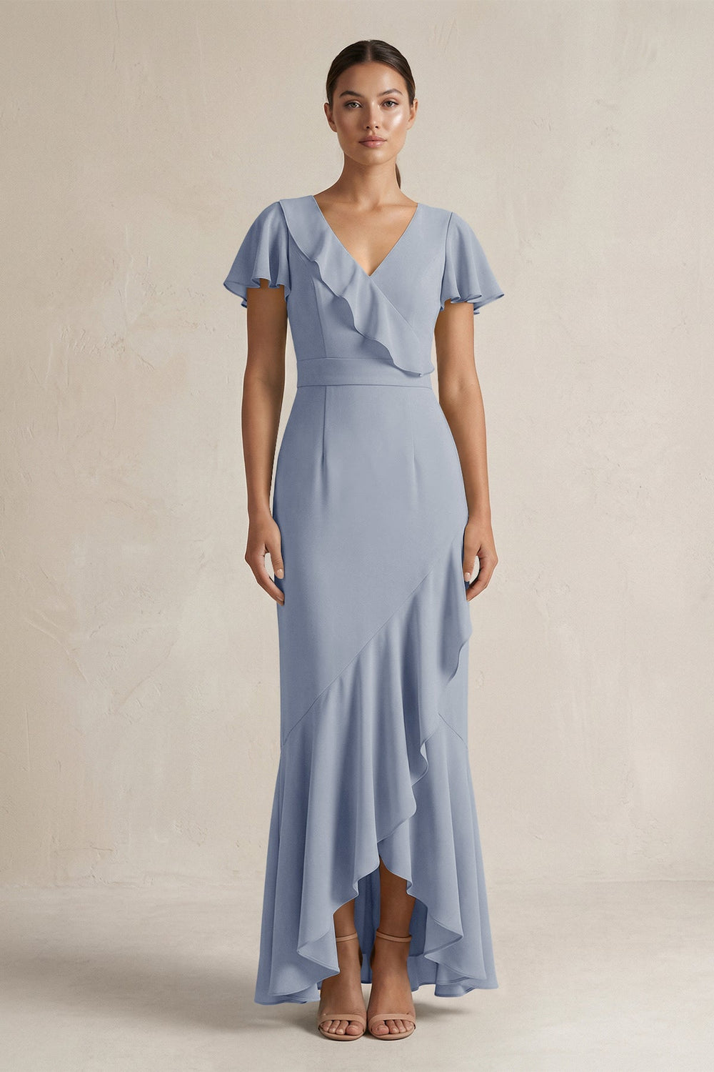 Rufffled V - Neck Sheath Chiffon Bridesmaid Dress in Twilight - KISS BRIDAL Bridesmaid Dresses