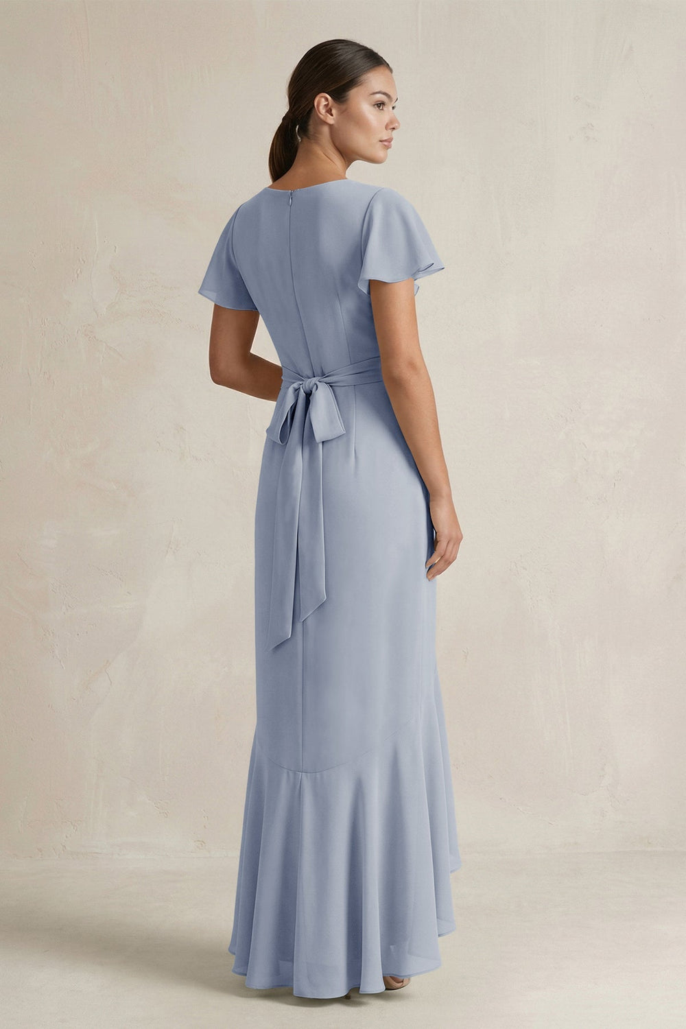 Rufffled V - Neck Sheath Chiffon Bridesmaid Dress in Twilight - KISS BRIDAL Bridesmaid Dresses