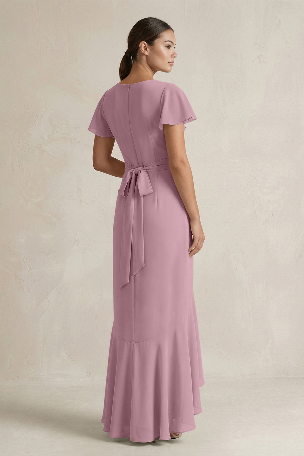 Rufffled V-Neck Sheath Chiffon Bridesmaid Dress in Vintage Mauve
