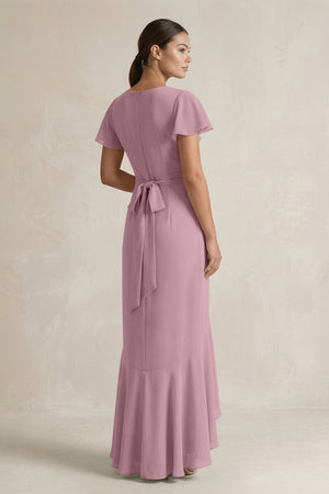 Rufffled V-Neck Sheath Chiffon Bridesmaid Dress in Vintage Mauve (2) | KISSBRIDAL