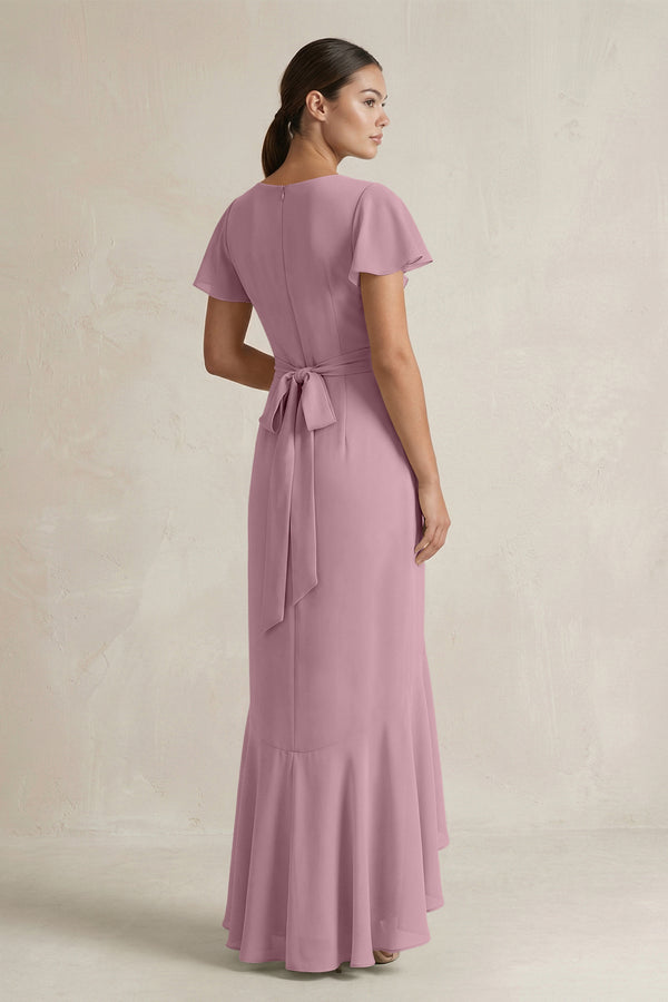Rufffled V-Neck Sheath Chiffon Bridesmaid Dress in Vintage Mauve (2) | KISSBRIDAL