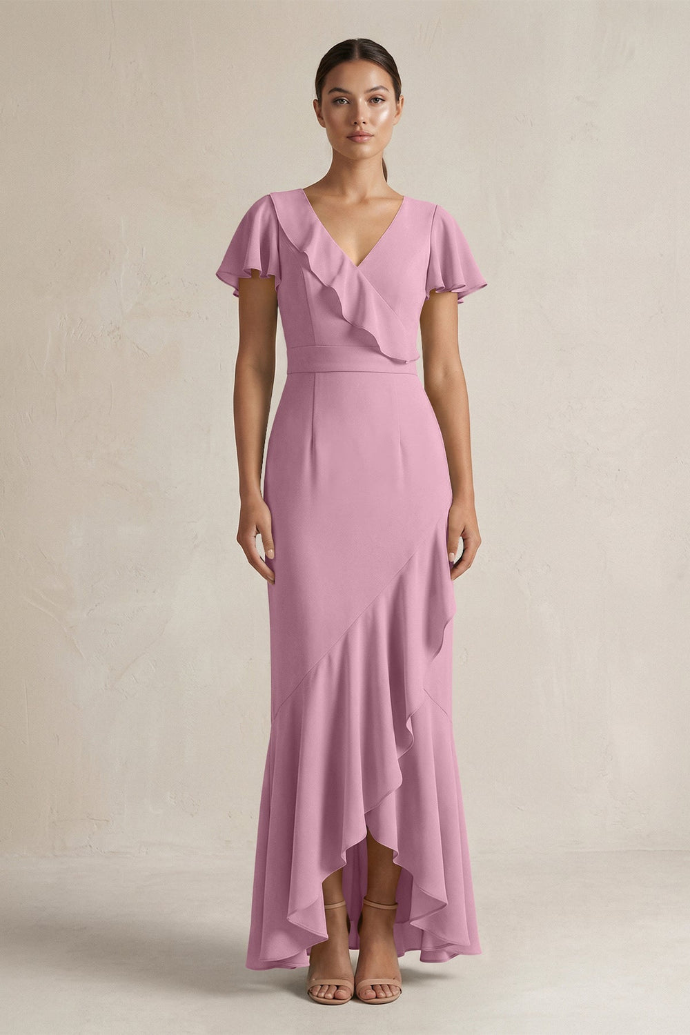 Rufffled V - Neck Sheath Chiffon Bridesmaid Dress in Vintage Mauve - KISS BRIDAL Bridesmaid Dresses