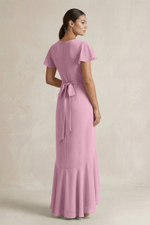Rufffled V - Neck Sheath Chiffon Bridesmaid Dress in Vintage Mauve - SHE IS ME Bridesmaid Dresses
