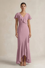 Rufffled V-Neck Sheath Chiffon Bridesmaid Dress in Vintage Mauve | KISSBRIDAL