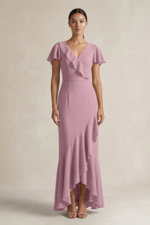 Rufffled V-Neck Sheath Chiffon Bridesmaid Dress in Vintage Mauve | KISSBRIDAL