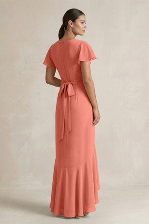 Rufffled V - Neck Sheath Chiffon Bridesmaid Dress in Wild Rose - SHE IS ME Bridesmaid Dresses