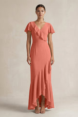 Rufffled V - Neck Sheath Chiffon Bridesmaid Dress in Wild Rose - KISS BRIDAL Bridesmaid Dresses