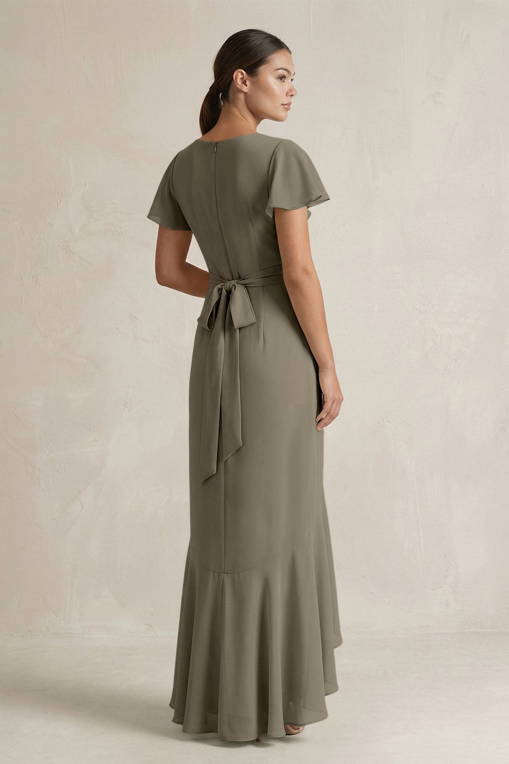 Rufffled V - Neck Sheath Chiffon Bridesmaid Dress in Willow Green - KISS BRIDAL Bridesmaid Dresses