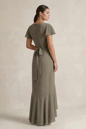 Rufffled V - Neck Sheath Chiffon Bridesmaid Dress in Willow Green - SHE IS ME Bridesmaid Dresses