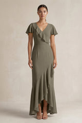 Rufffled V - Neck Sheath Chiffon Bridesmaid Dress in Willow Green - KISS BRIDAL Bridesmaid Dresses