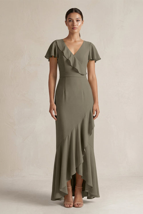 Rufffled V - Neck Sheath Chiffon Bridesmaid Dress in Willow Green - SHE IS ME Bridesmaid Dresses