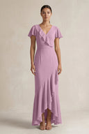 Rufffled V - Neck Sheath Chiffon Bridesmaid Dress in Wisteria - SHE IS ME Bridesmaid Dresses