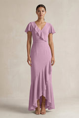 Rufffled V - Neck Sheath Chiffon Bridesmaid Dress in Wisteria - KISS BRIDAL Bridesmaid Dresses