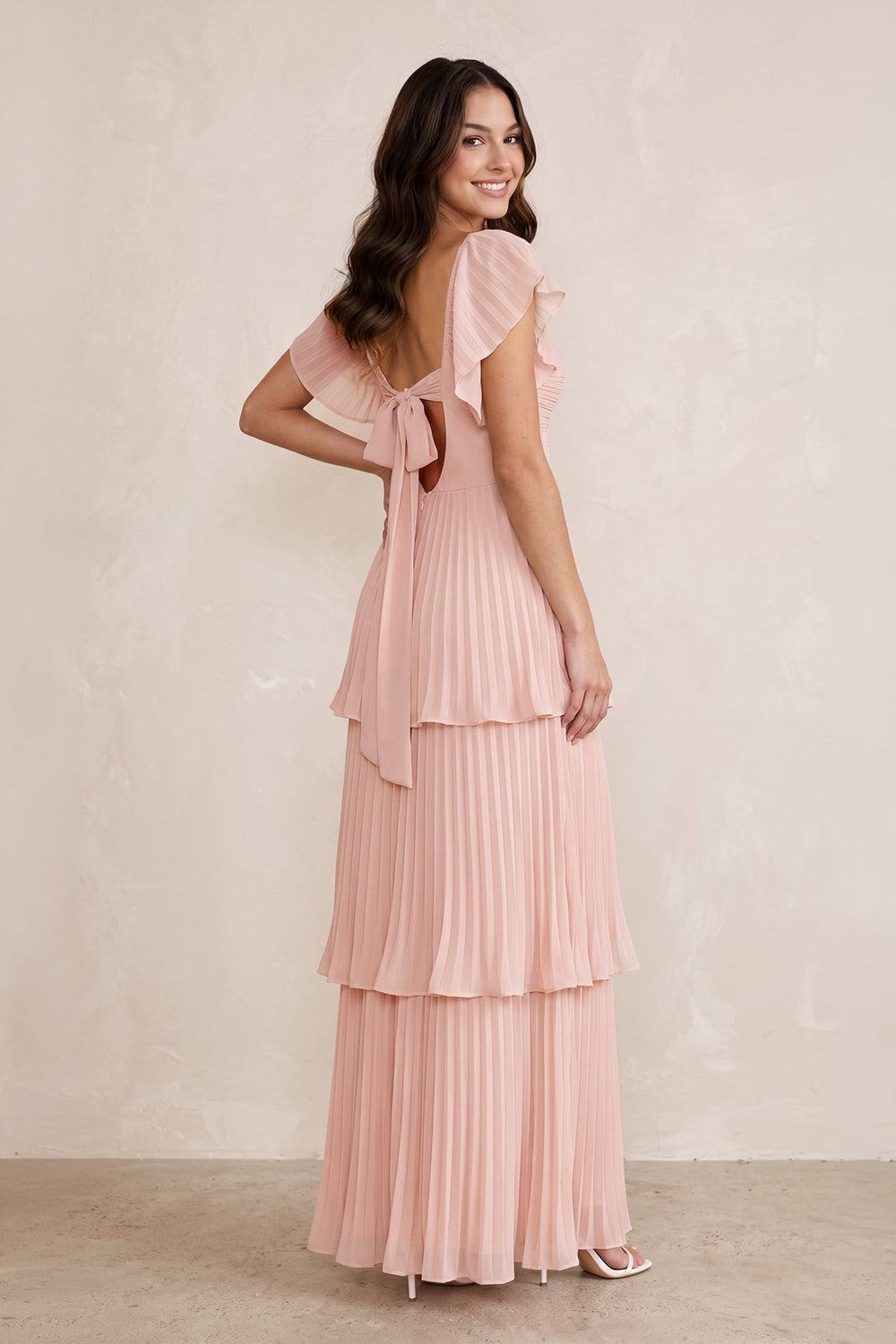 Ruffled A-Line Flutter Sleeves Chiffon Maxi Dress in Rose Petal – KISS BRIDAL Dresses