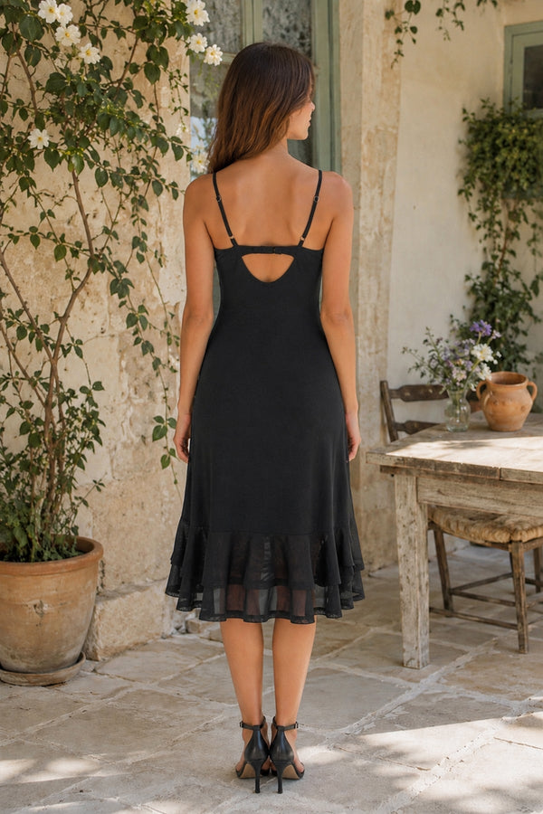 Ruffled A-Line Spaghetti Straps Midi Dress in Black– SHE IS ME Dresses