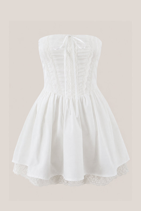 Ruffled A-Line Strapless Cotton Mini Dress in White– SHE IS ME Dresses