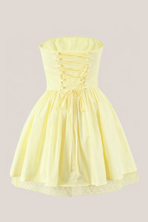 Ruffled A - Line Strapless Cotton Mini Dress in Yellow - SHE IS ME Dresses