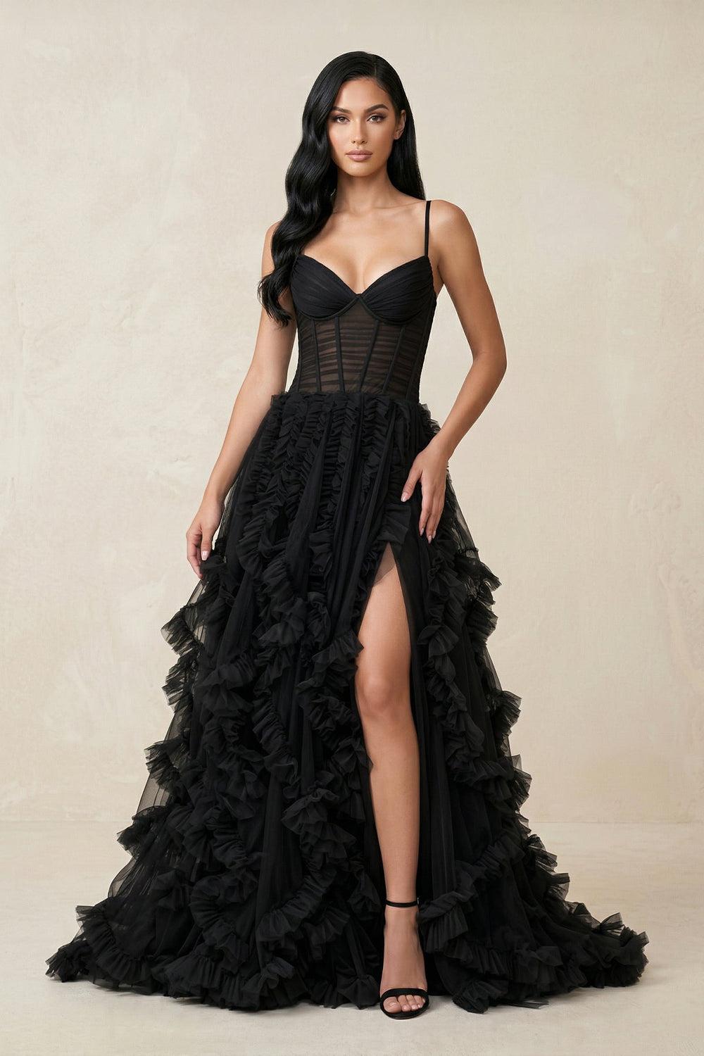 Ruffled A - Line Tulle Sweetheart Wedding Dress with Slit in Black - KISS BRIDAL Wedding Dresses
