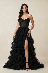 Ruffled A - Line Tulle Sweetheart Wedding Dress with Slit in Black - KISS BRIDAL Wedding Dresses