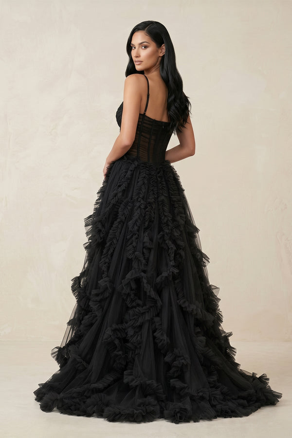 Ruffled A - Line Tulle Sweetheart Wedding Dress with Slit in Black - SHE IS ME Wedding Dresses