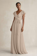 A-Line V-Neck Ruffled Sleeve Chiffon Bridesmaid Dress in Almond - SHE IS ME BRIDESMAID DRESSES