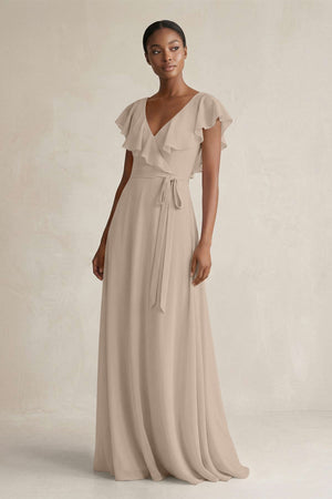 A-Line V-Neck Ruffled Sleeve Chiffon Bridesmaid Dress in Almond - SHE IS ME BRIDESMAID DRESSES