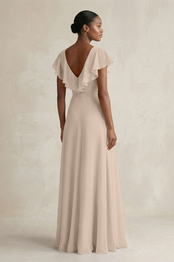 A-Line V-Neck Ruffled Sleeve Chiffon Bridesmaid Dress in Almond - SHE IS ME BRIDESMAID DRESSES