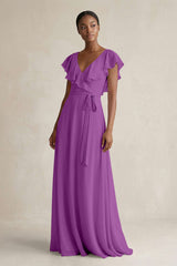A-Line V-Neck Ruffled Sleeve Chiffon Bridesmaid Dress in Amethyst - KISS BRIDAL BRIDESMAID DRESSES