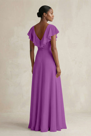 A-Line V-Neck Ruffled Sleeve Chiffon Bridesmaid Dress in Amethyst - SHE IS ME BRIDESMAID DRESSES