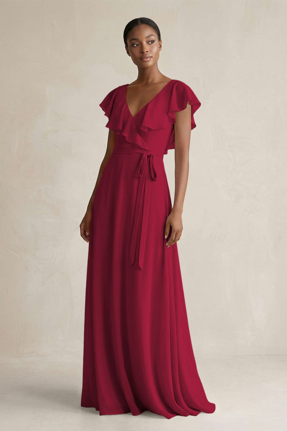 A-Line V-Neck Ruffled Sleeve Chiffon Bridesmaid Dress in Berry - KISS BRIDAL BRIDESMAID DRESSES