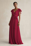A-Line V-Neck Ruffled Sleeve Chiffon Bridesmaid Dress in Berry - SHE IS ME BRIDESMAID DRESSES