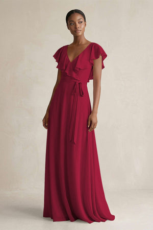 A-Line V-Neck Ruffled Sleeve Chiffon Bridesmaid Dress in Berry - SHE IS ME BRIDESMAID DRESSES