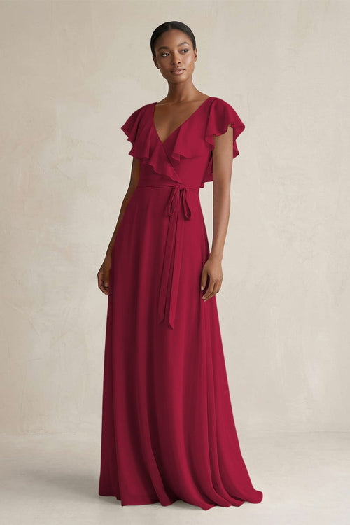 A-Line V-Neck Ruffled Sleeve Chiffon Bridesmaid Dress in Berry - SHE IS ME BRIDESMAID DRESSES