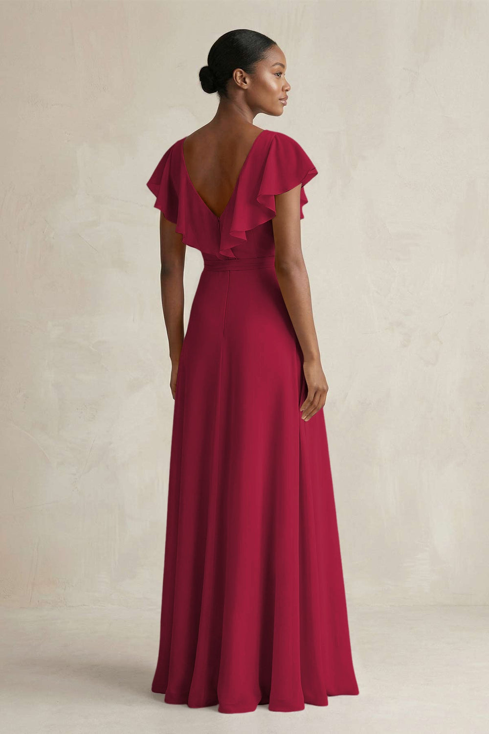 A-Line V-Neck Ruffled Sleeve Chiffon Bridesmaid Dress in Berry - KISS BRIDAL BRIDESMAID DRESSES