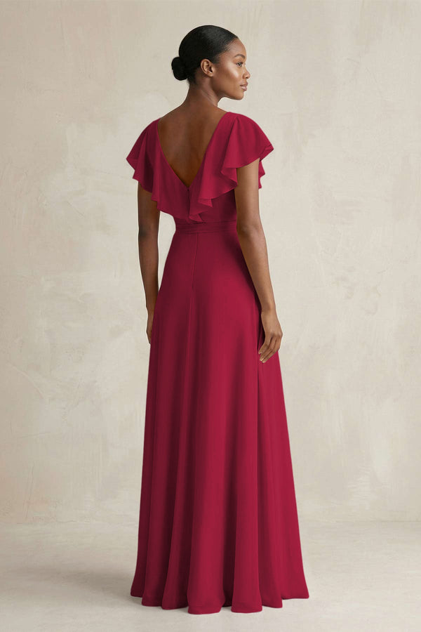 A-Line V-Neck Ruffled Sleeve Chiffon Bridesmaid Dress in Berry - SHE IS ME BRIDESMAID DRESSES