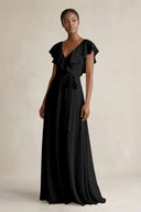 A-Line V-Neck Ruffled Sleeve Chiffon Bridesmaid Dress in Black - SHE IS ME BRIDESMAID DRESSES