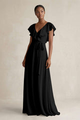 A-Line V-Neck Ruffled Sleeve Chiffon Bridesmaid Dress in Black - KISS BRIDAL BRIDESMAID DRESSES