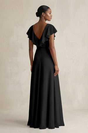 A-Line V-Neck Ruffled Sleeve Chiffon Bridesmaid Dress in Black - SHE IS ME BRIDESMAID DRESSES