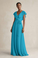 A-Line V-Neck Ruffled Sleeve Chiffon Bridesmaid Dress in Blue Jay - KISS BRIDAL BRIDESMAID DRESSES
