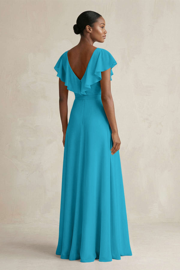 A-Line V-Neck Ruffled Sleeve Chiffon Bridesmaid Dress in Blue Jay - SHE IS ME BRIDESMAID DRESSES