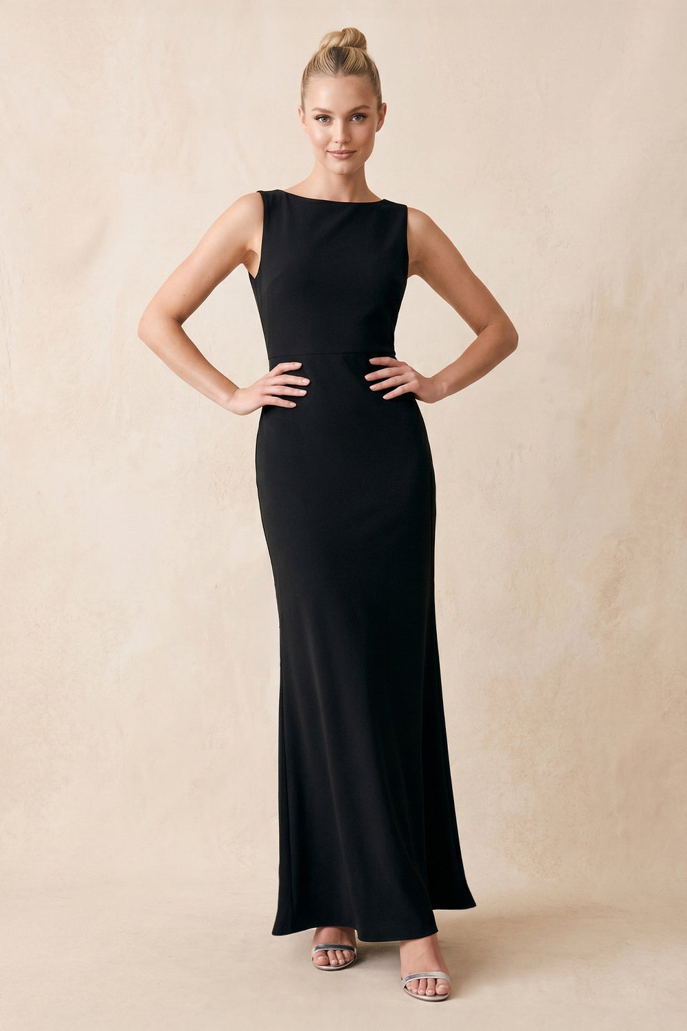 Ruffled Boat Neck Sheath Stretch Satin Maxi Dress with Bow in Black - KISS BRIDAL Dresses