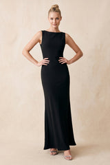Ruffled Boat Neck Sheath Stretch Satin Maxi Dress with Bow in Black - KISS BRIDAL
