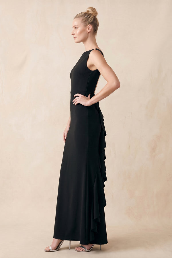 Ruffled Boat Neck Sheath Stretch Satin Maxi Dress with Bow in Black - SHE IS ME Dresses