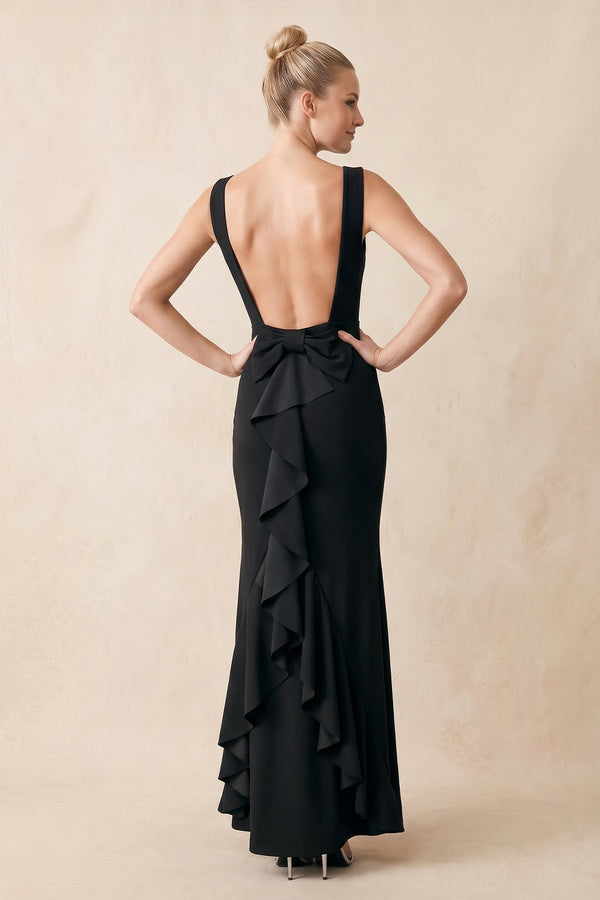 Ruffled Boat Neck Sheath Stretch Satin Maxi Dress with Bow in Black - SHE IS ME Dresses