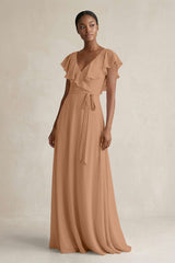 A-Line V-Neck Ruffled Sleeve Chiffon Bridesmaid Dress in Bronzer - KISS BRIDAL BRIDESMAID DRESSES