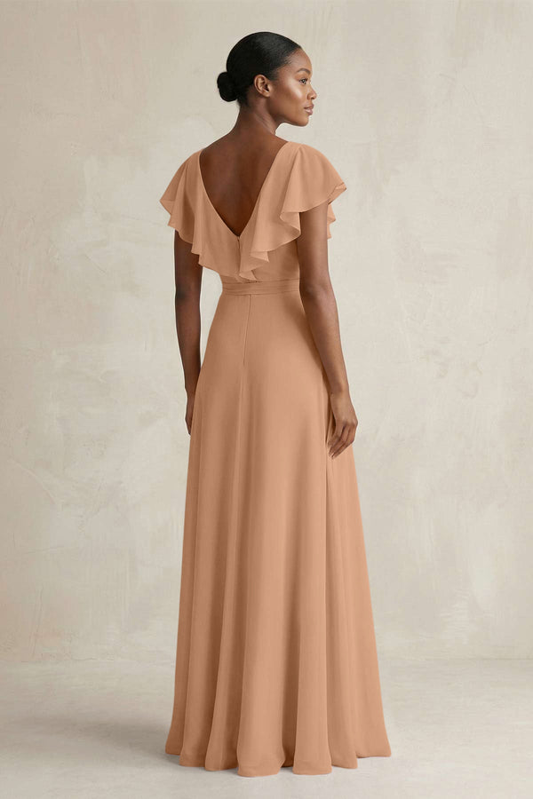 A-Line V-Neck Ruffled Sleeve Chiffon Bridesmaid Dress in Bronzer - SHE IS ME BRIDESMAID DRESSES