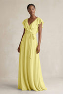 A-Line V-Neck Ruffled Sleeve Chiffon Bridesmaid Dress in Buttercup - SHE IS ME BRIDESMAID DRESSES